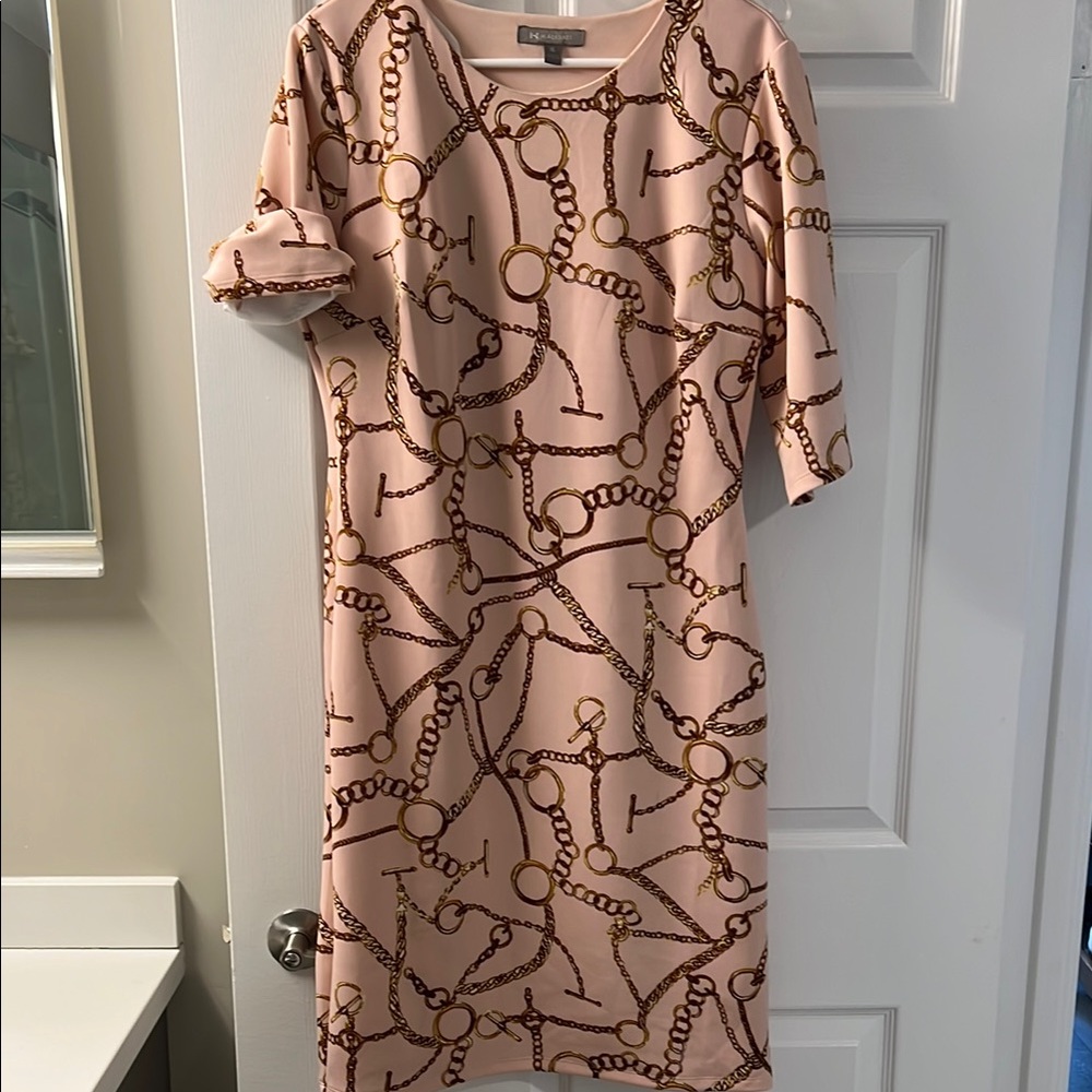Brown and Pink Sheath Dress with Dolman Sleeves
